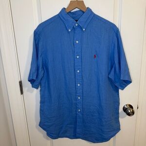 Vintage‎ Polo Ralph Lauren 100% Linen Short Sleeve Button Shirt Light Blue Large